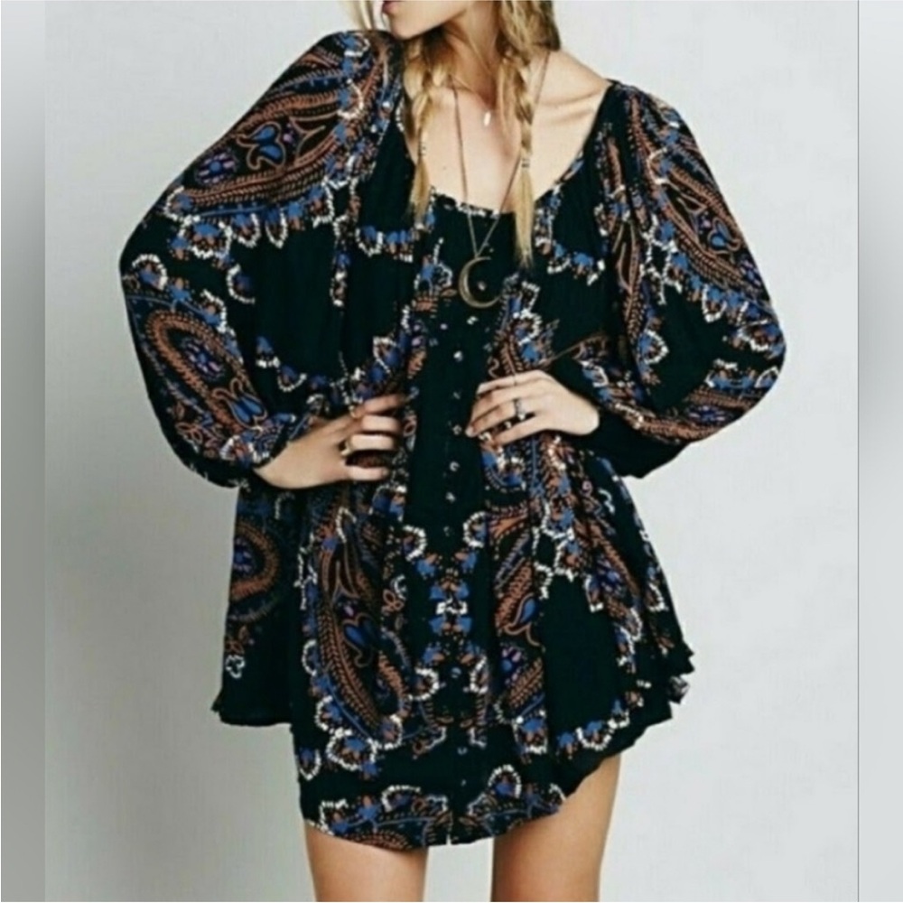 Free People Boho Pheasant Flowy Dress  Oversized Tunic Top w/pockets XS